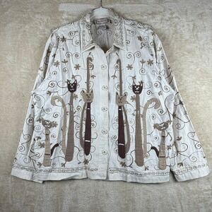 New Directions Linen Cotton Embroidered Cat Swirls Button Up Shirt Women Size L